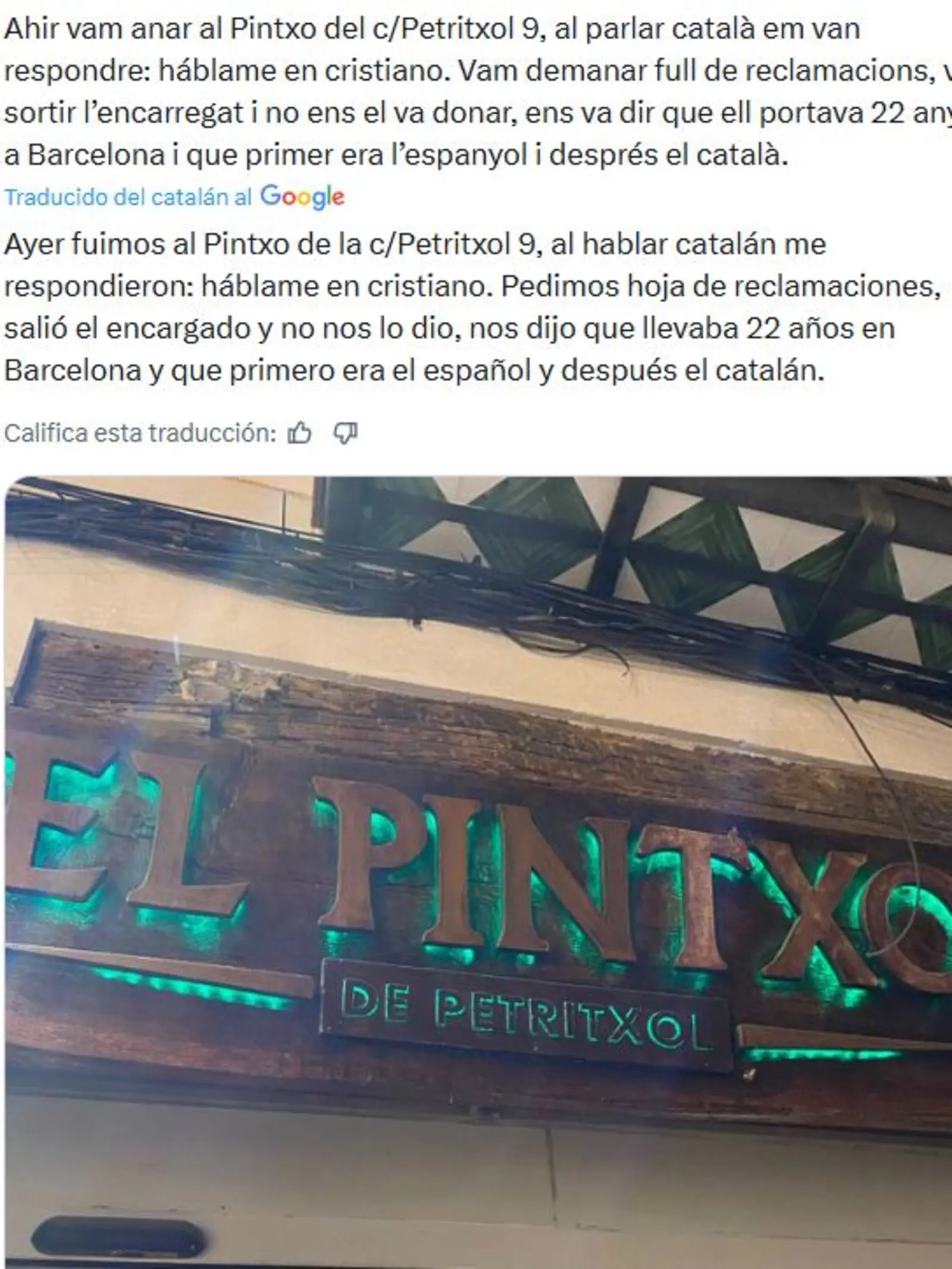 Tuit contra Bar El Pintxo
