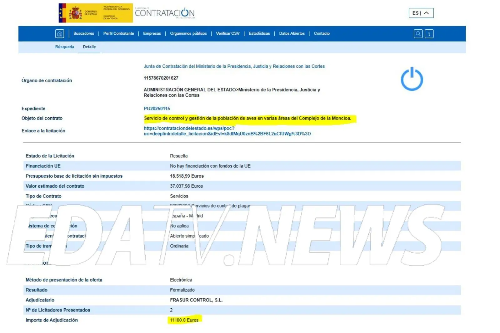 Contrato para el control de aves en La Moncloa