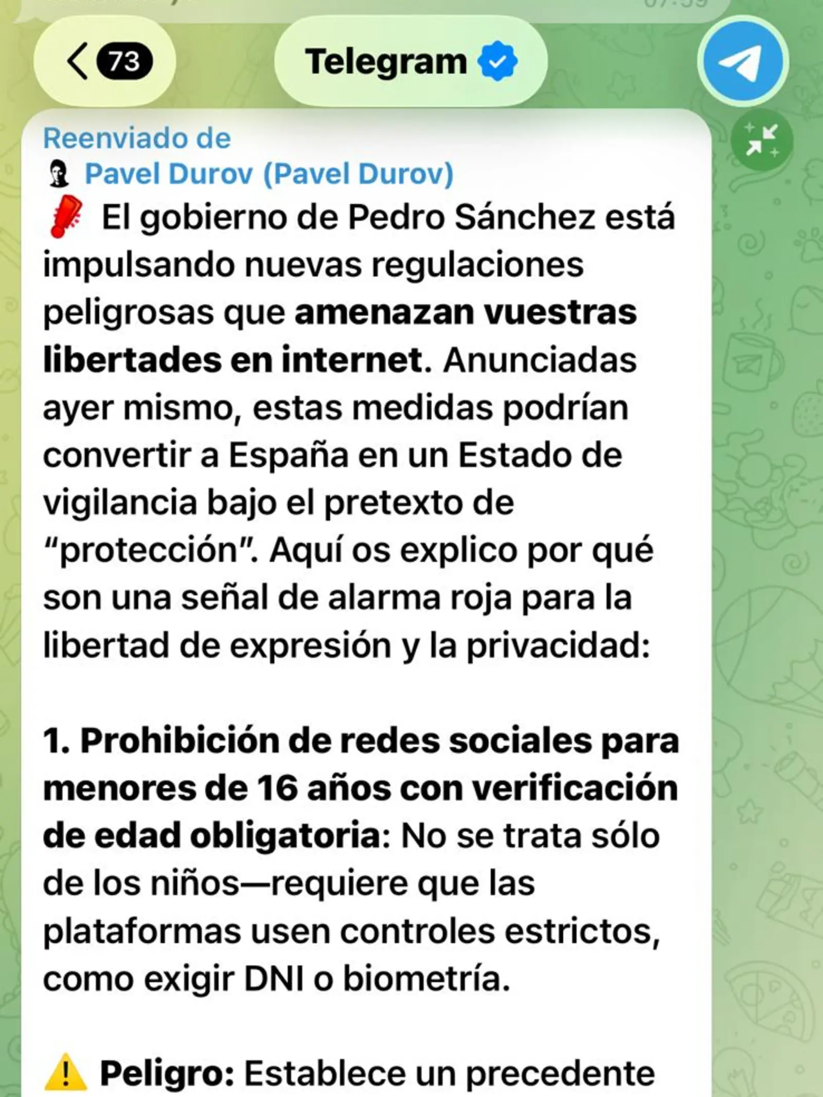 Telegram advierte de que esta presión podría provocar una eliminación preventiva de contenidos