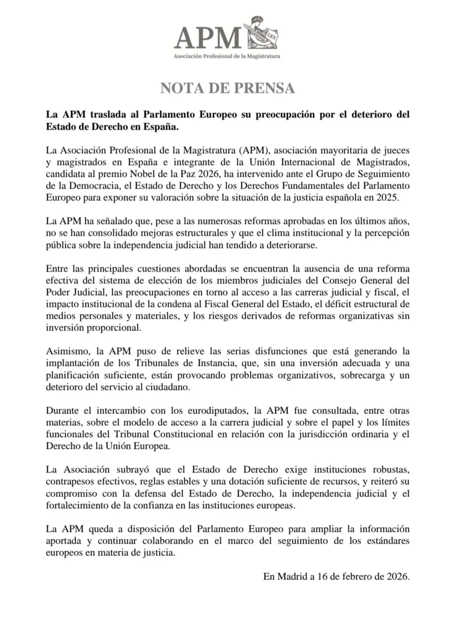 La APM expuso su análisis sobre la situación actual de la justicia española en 2025