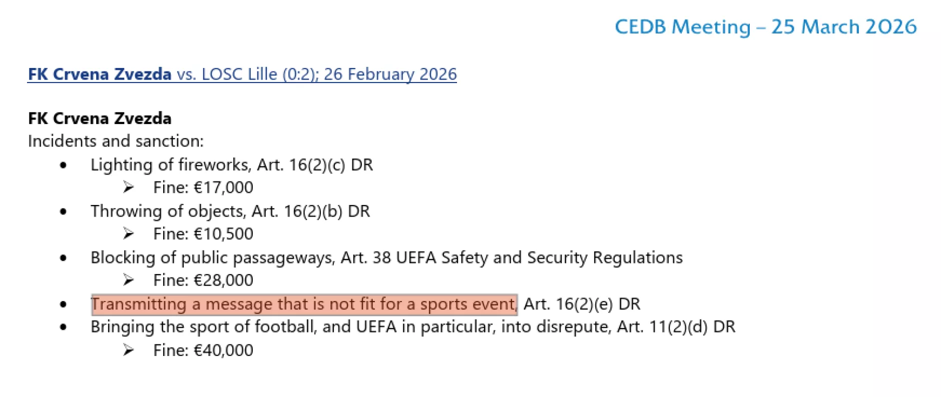 Sanción al Estrella Roja por el tifo cristiano