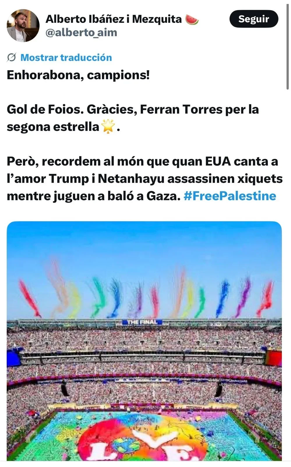 Así celebraba el portavoz de Sumar el gol de Ferran Torres