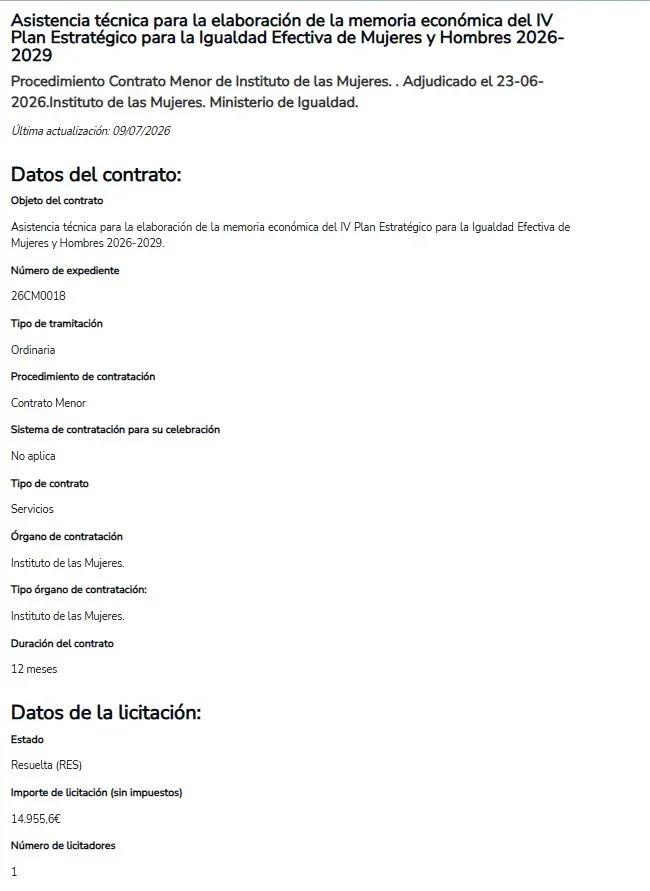 Asistencia técnica para la elaboración de la memoria económica del IV Plan Estratégico para la Igualdad Efectiva de Mujeres y Hombres 2026-2029