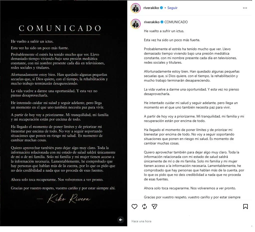 Kiko Rivera sufre un segundo ictus y revela que le han quedado 