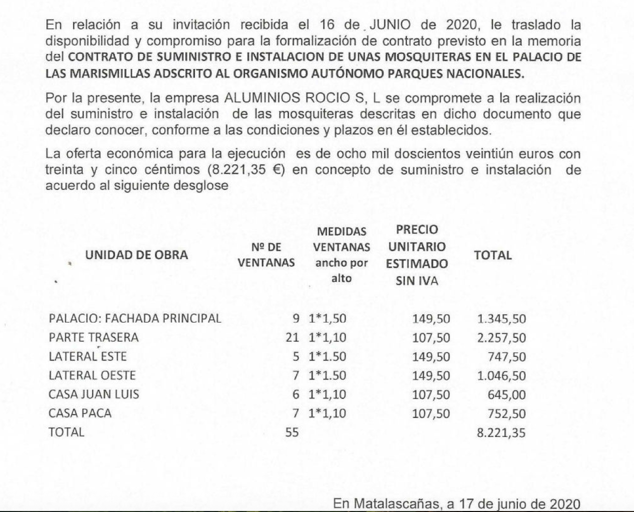 Contrato de las 55 mosqueteras para el Palacio de las Marismillas
