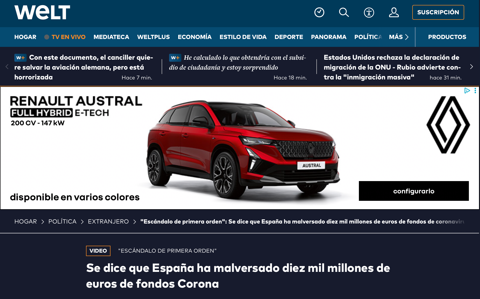 Noticia del diario alemán WELT