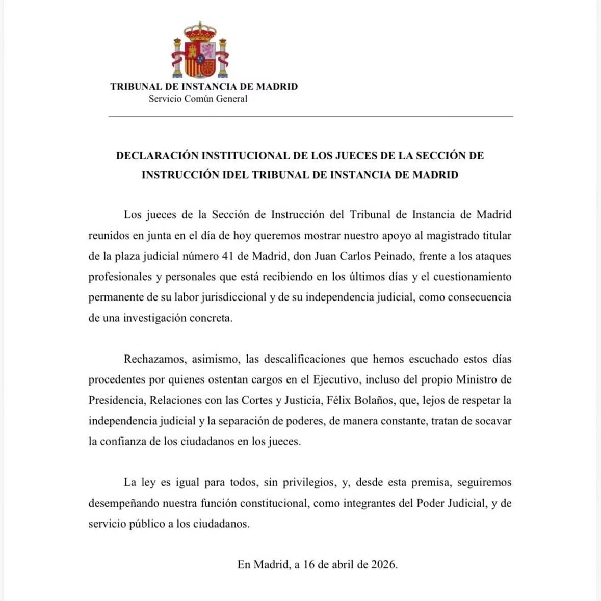 Comunicado de los jueces contra Bolaños