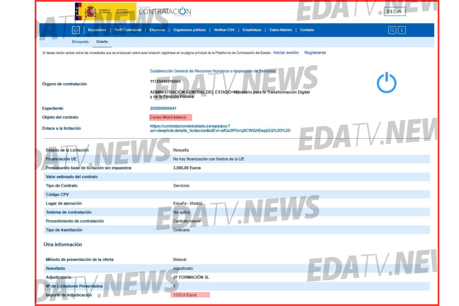 Contrato del Ministerio de Óscar López para un curso Word