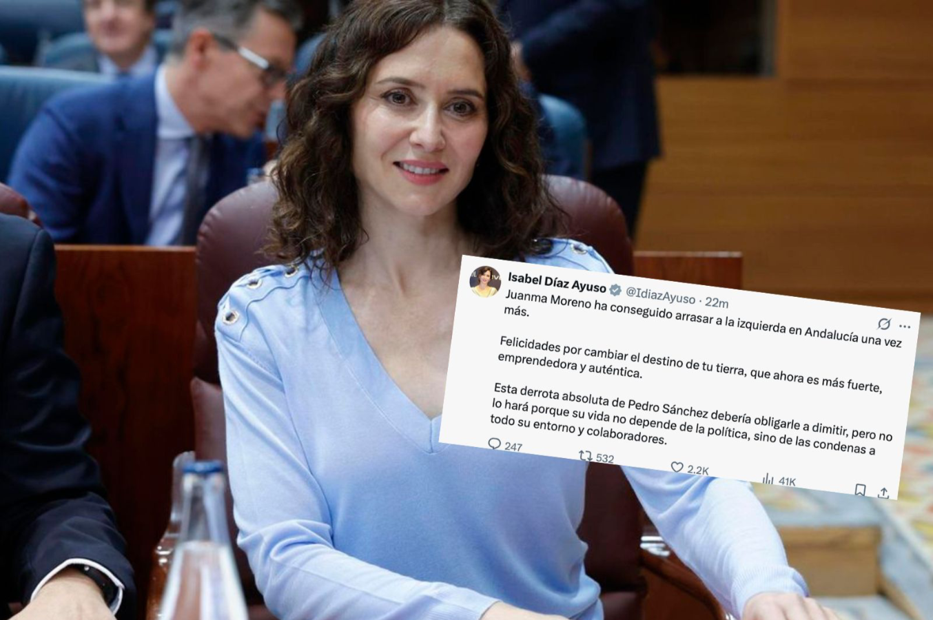 Ayuso celebra el triunfo de Juanma Moreno en Andalucía y pide la dimisión de Pedro Sánchez tras el desplome del PSOE