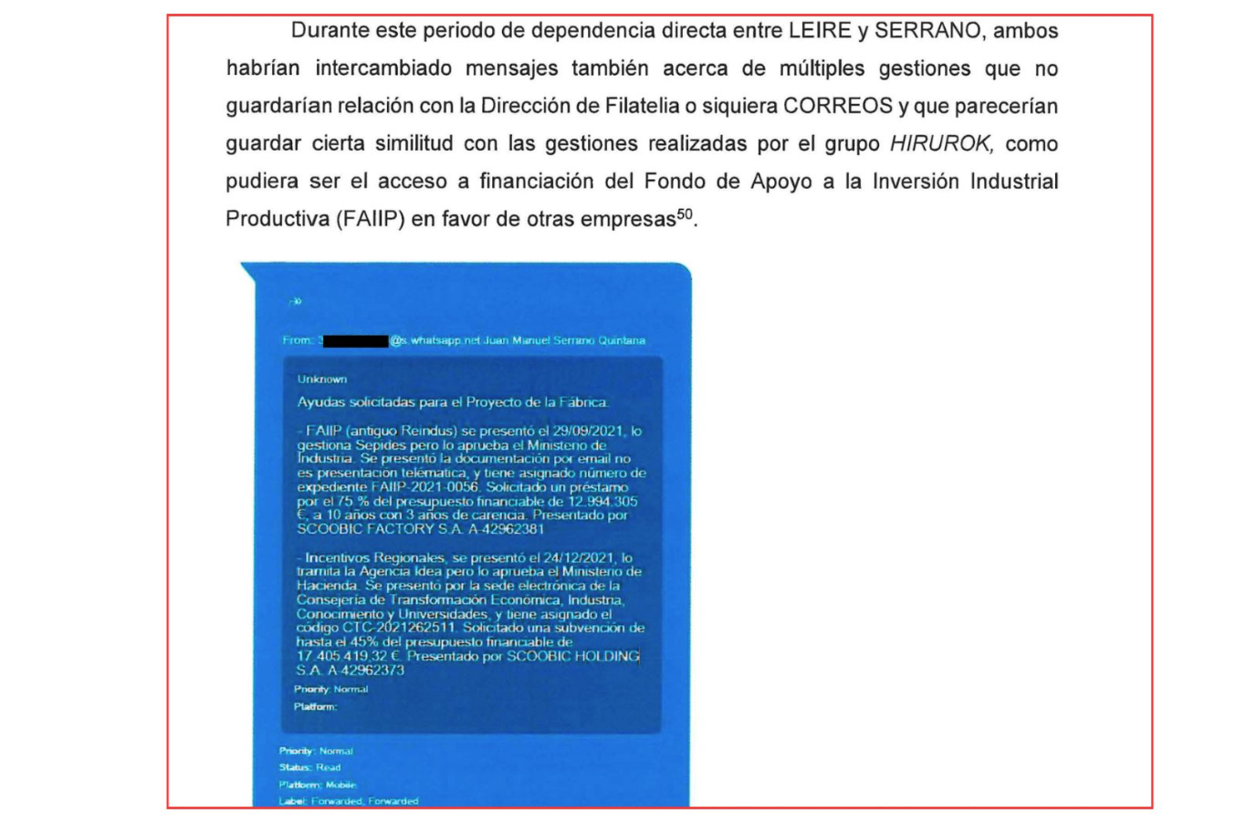 Mensaje entre Juan Manuel Serrano y Leire Díez