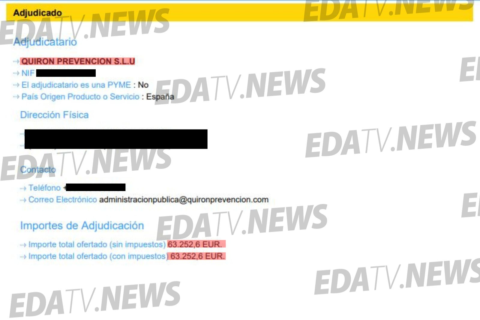 El contrato adjudicado a Quirón por 63.252,6 euros