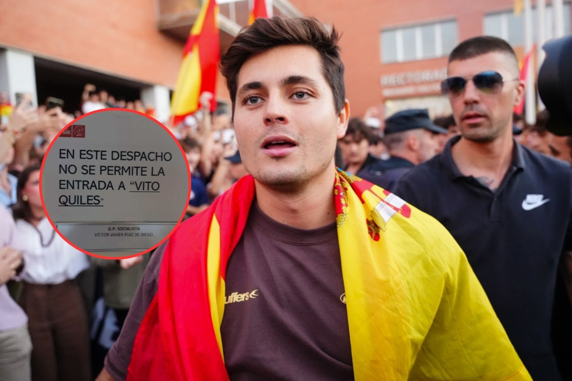 Los diputados del PSOE colocan un cartel de prohibición a Vito Quiles en sus despachos
