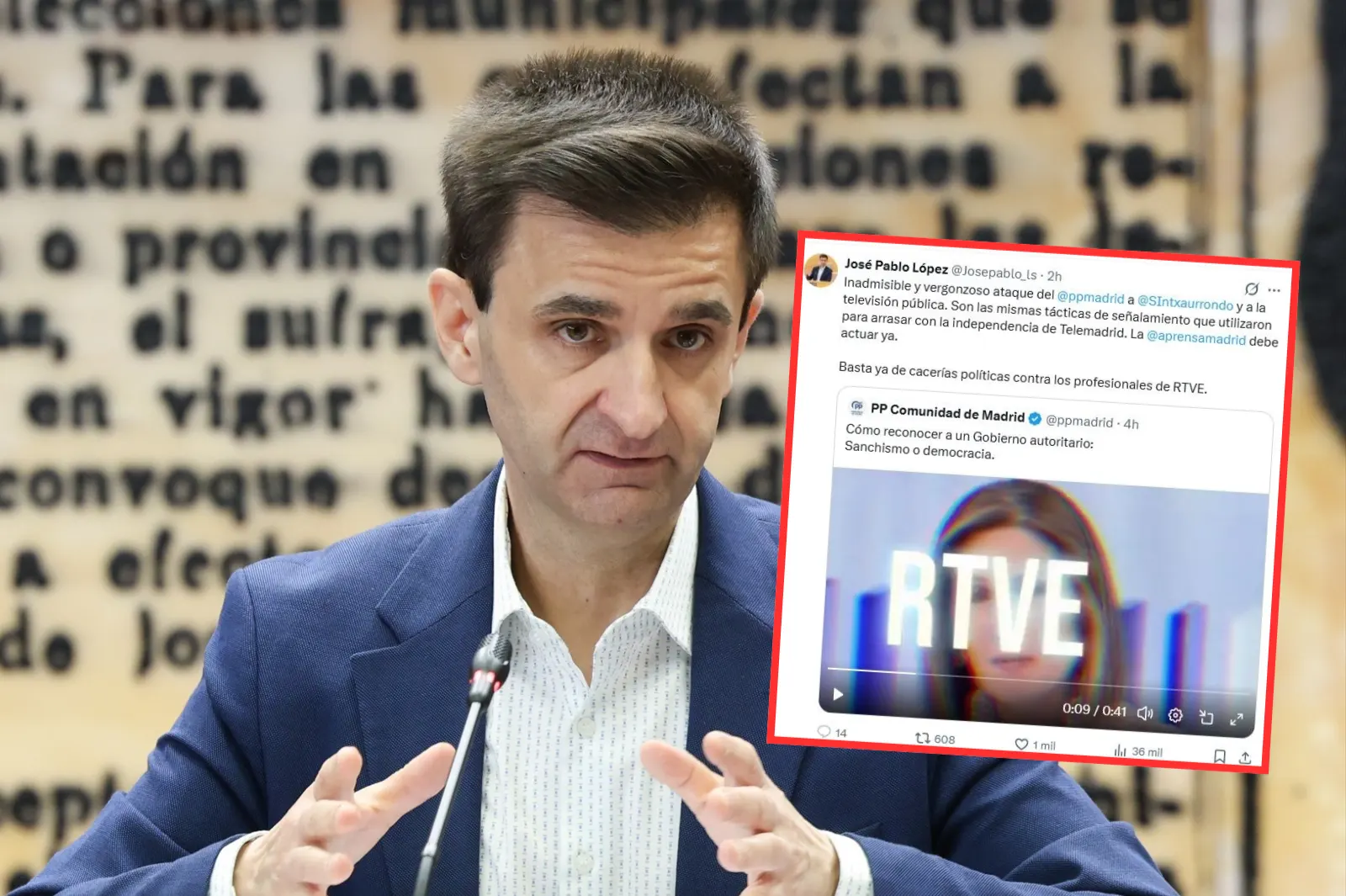 El presidente de RTVE se victimiza por un vídeo del PP sobre el control de Sánchez y exige intervenir a la prensa