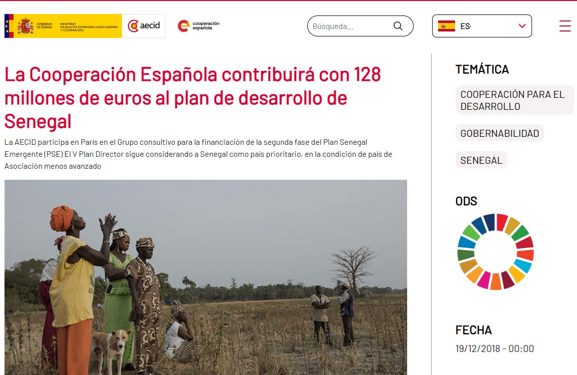 España contribuye con millones de euros para el desarrollo en Senegal como publicó AECID en 2018