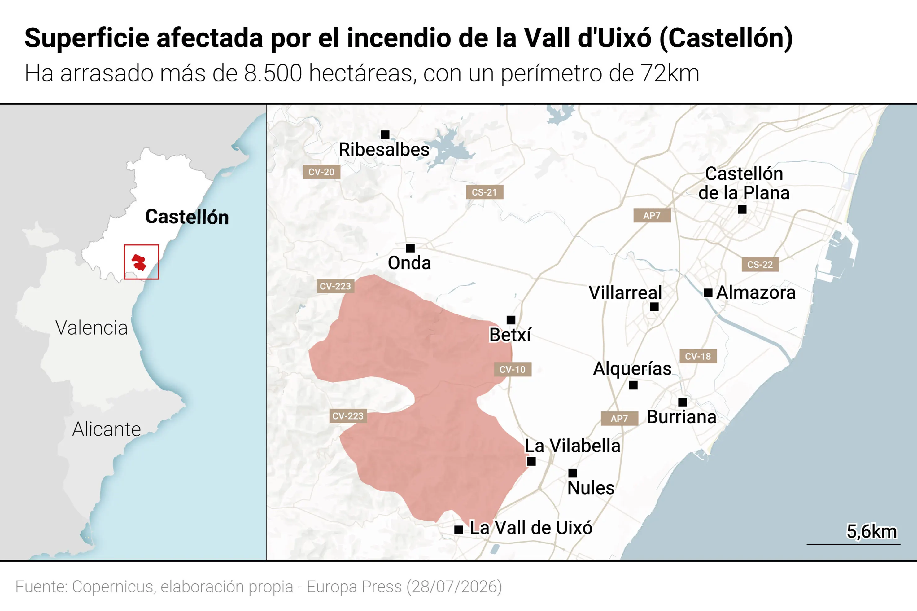 El fuego de la Vall d'Uixó frena su crecimiento aunque sigue activo, con más de 8.500 hectáreas