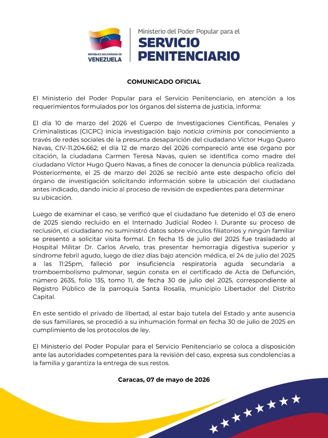 Comunicación del Gobierno venezolano de la muerte de Víctor Quero Navas 