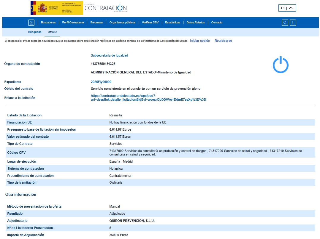Igualdad también adjudica contratos a Quirón