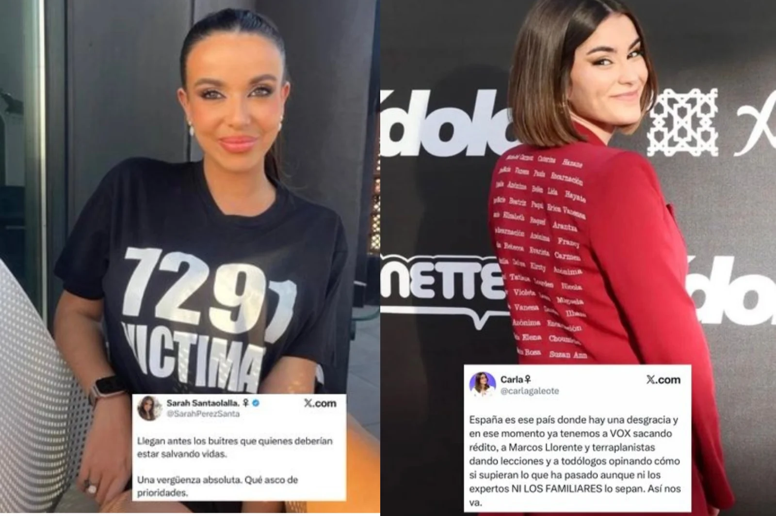 Las redes recuerdan a Sarah Santaolalla y Carla Galeote sus posados con víctimas antes de la tragedia de Toledo