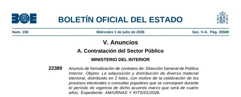 Ministerio del Interior contrato por urnas electorales