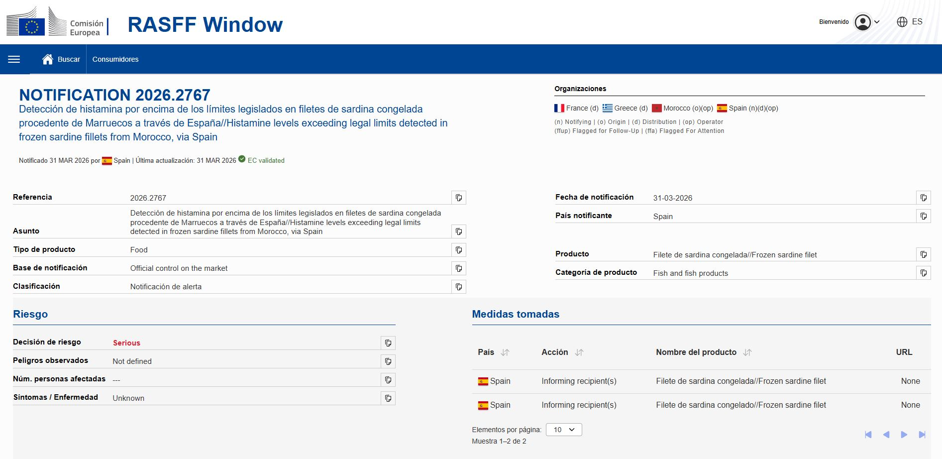 Notificación de la Comisión Europea por el pescado procedente de Marruecos