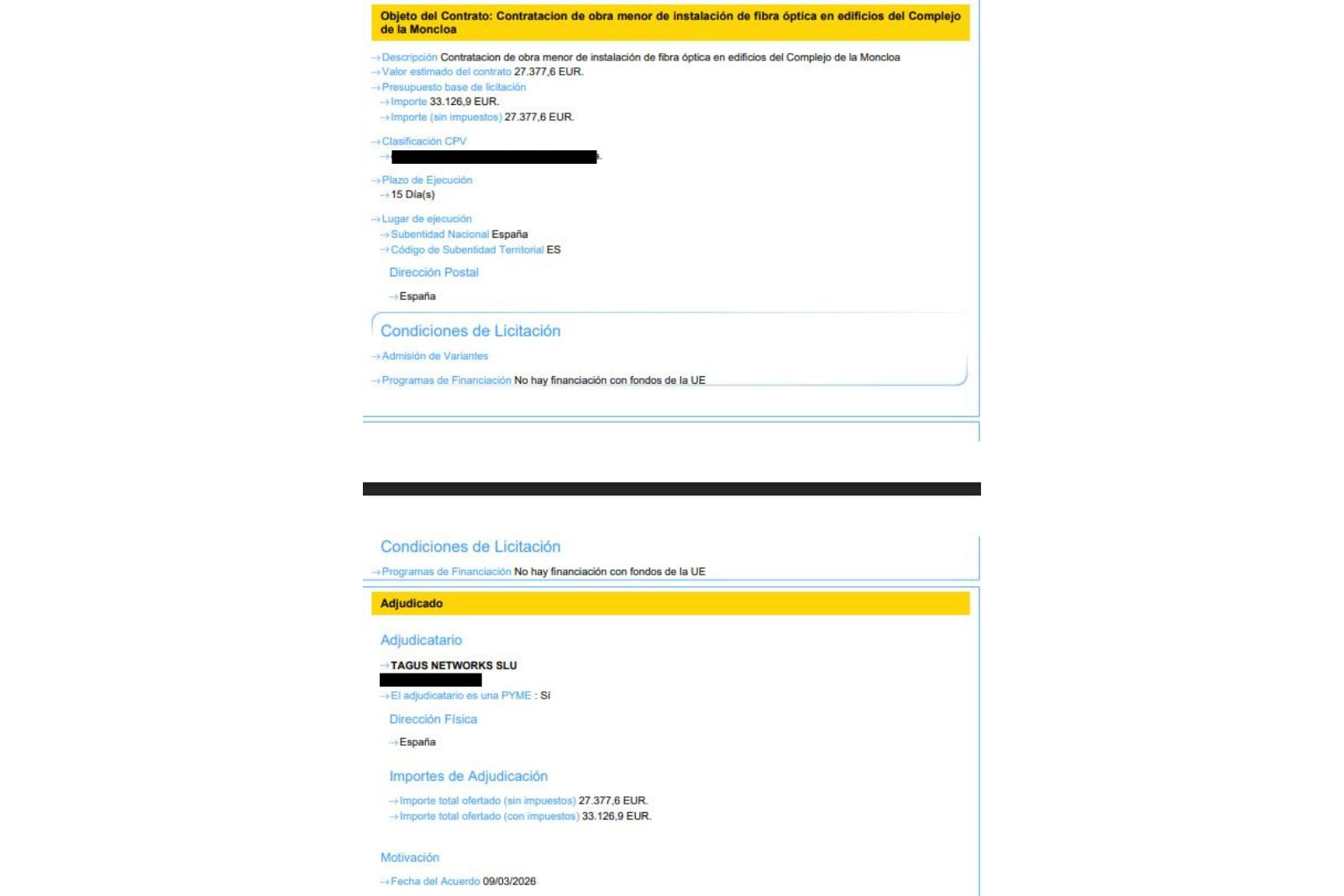 Contrato del Gobierno para fibra óptica en La Moncloa