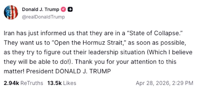 Donald Trump, ha asegurado a través de su red social Truth Social que el Gobierno de Irán se encuentra en un “estado de colapso”