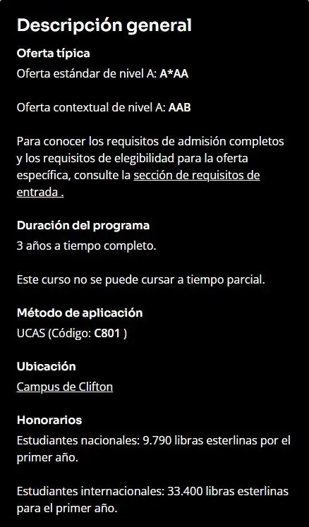 Tarifas Universidad de Bristol