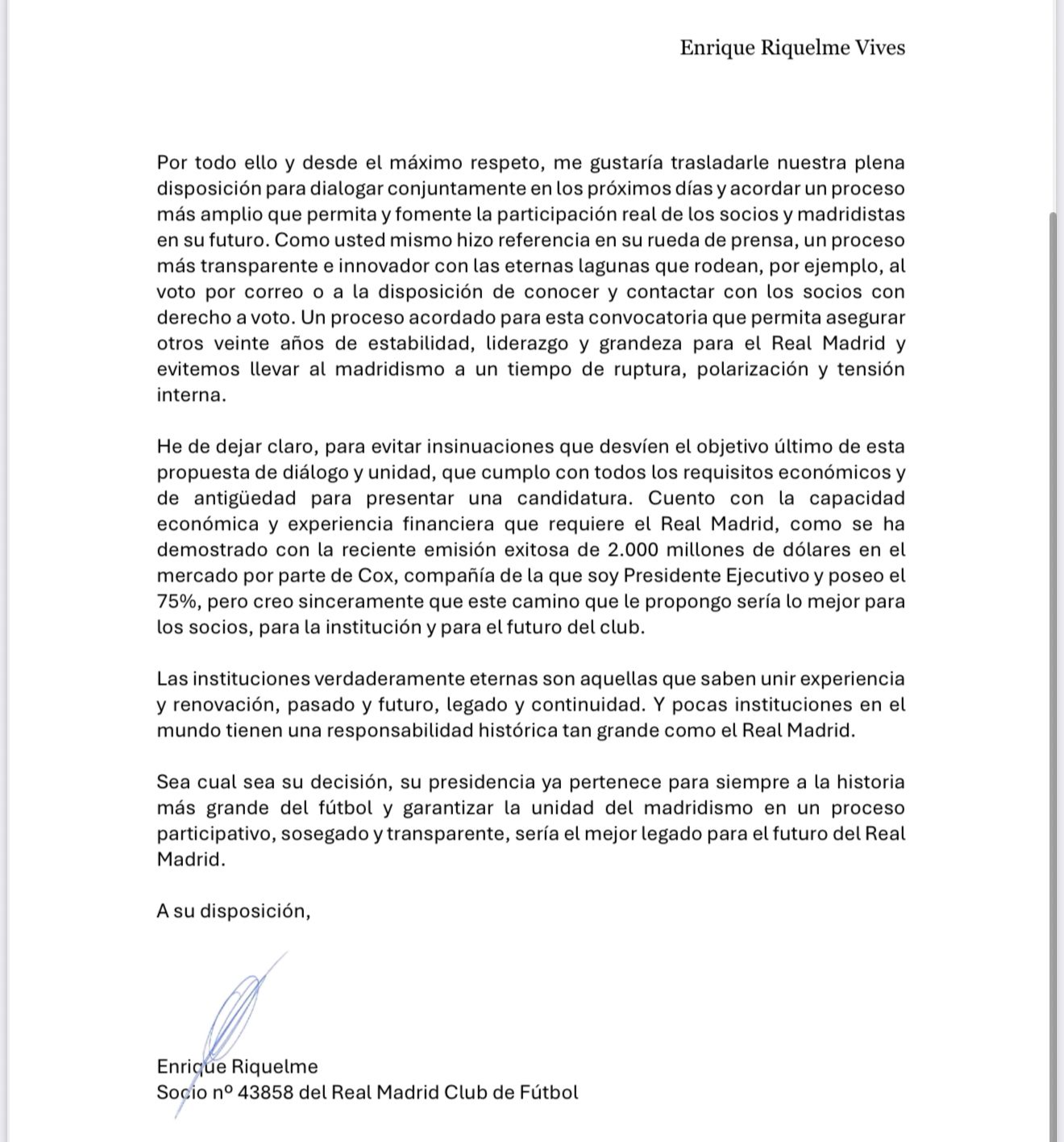 Carta enviada por Enrique Riquelme Vives a Florentino Pérez  