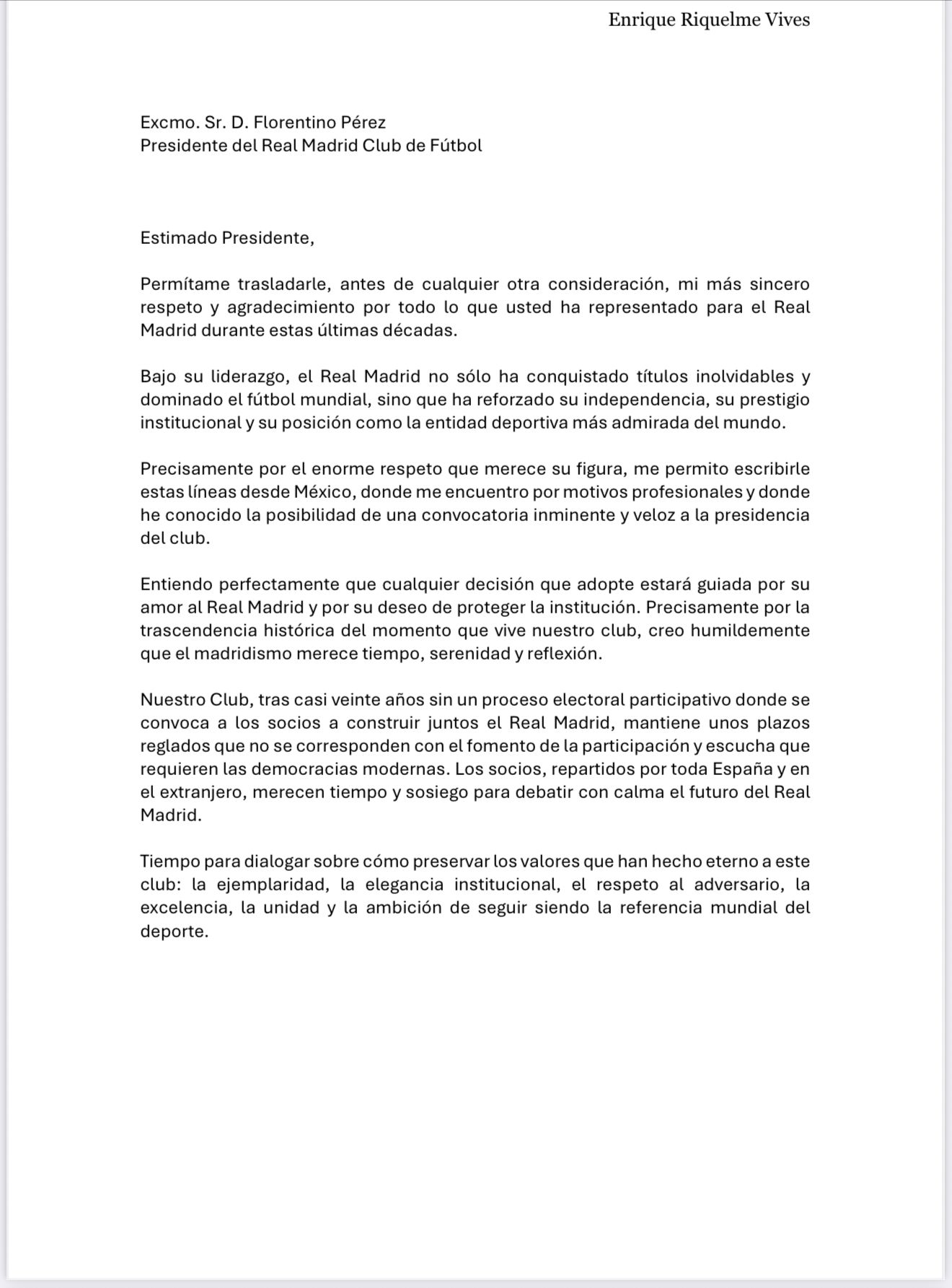 Carta enviada por Enrique Riquelme Vives a Florentino Pérez  