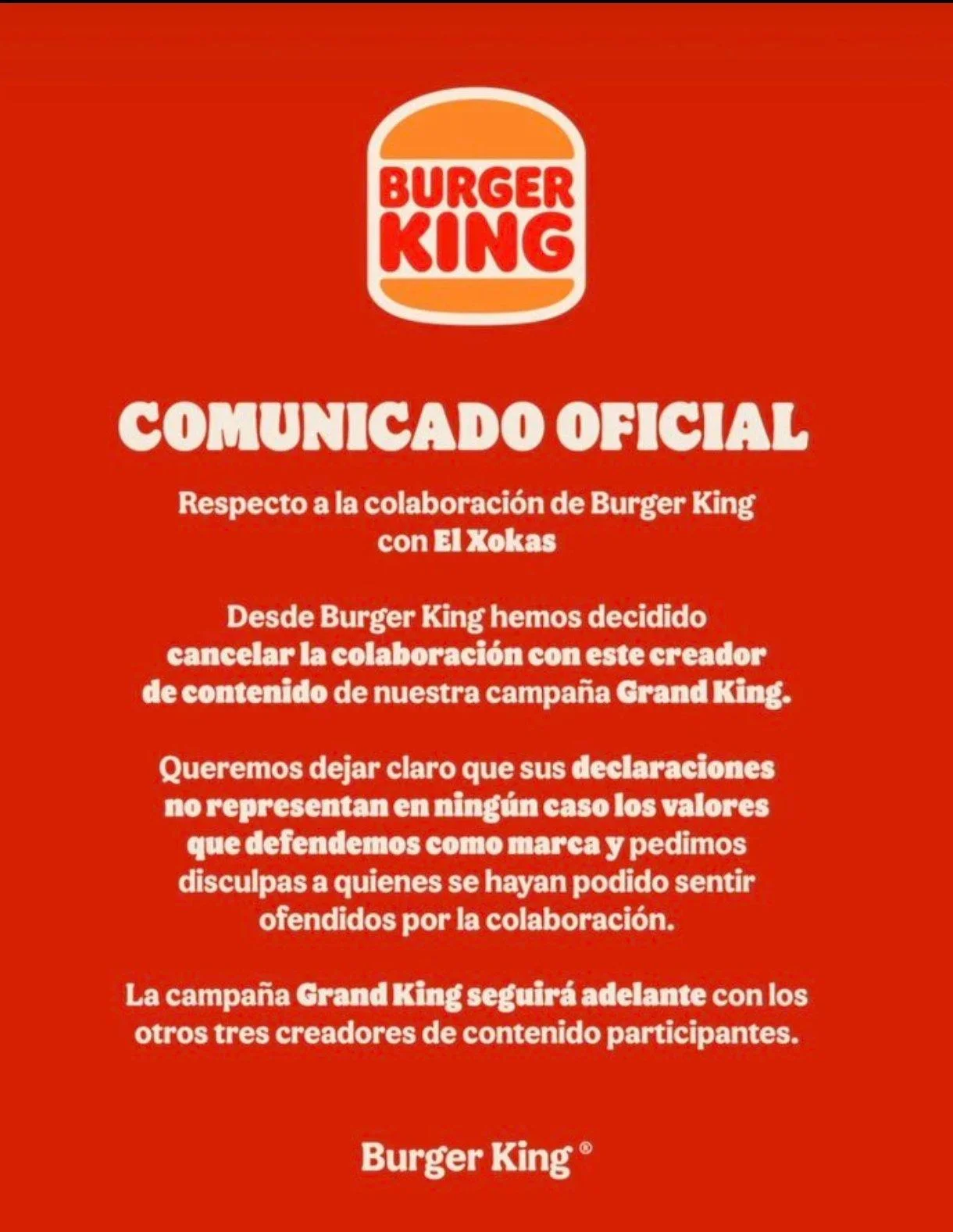 Comunicado oficial de Burger King