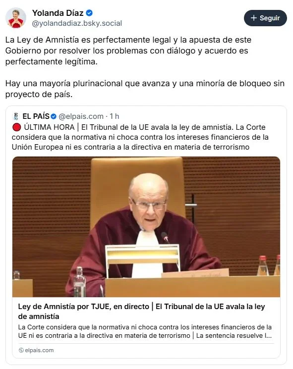 Yolanda Díaz, Salvador Illa y Gabriel Rufián celebran el aval del TJUE a la Ley de Amnistía